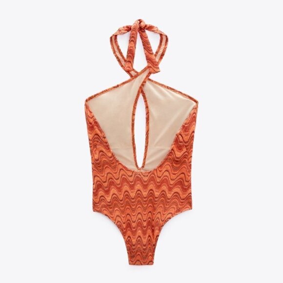 New Zara Retro Wave Print One Piece Halter Swimsuit Bodysuit 2856/228 - Picture 2 of 11